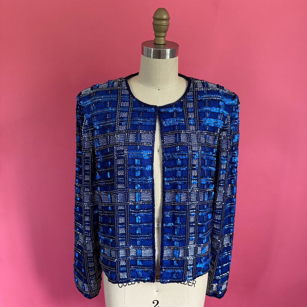 Vintage 80s/90s SILK Plaid Sequin Ribbon Statement Maximalist Cardigan Blouse L